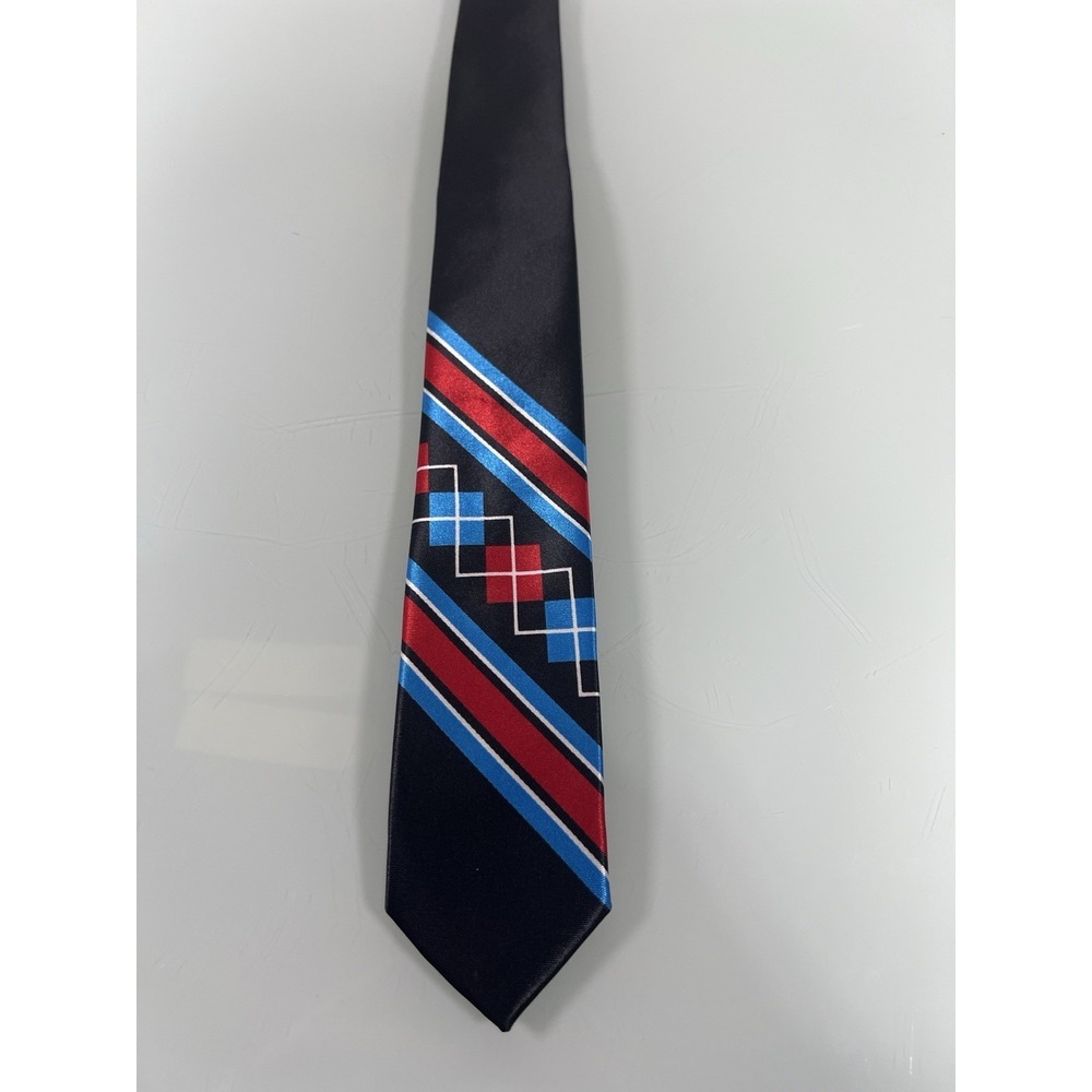 Retro 80s Geometric Tie Men's Thin Navy Red Blue Stripe Vintage Style - Picture 3 of 5